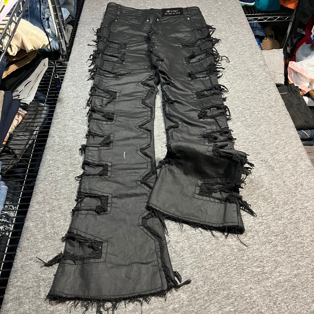 Guapi Mens Black Coated Distressed Stacked Flare Jeans Size 38 Patchwork Frayed